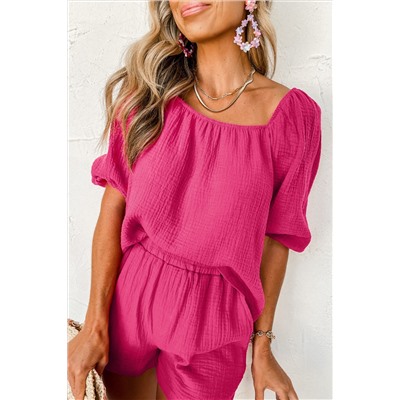 Bright Pink Crinkled Textured Square Neck Puff Sleeve and Shorts Set