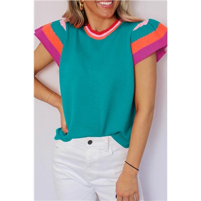 Turquoise Contrast Flutter Sleeves Knitted Sweater T Shirt