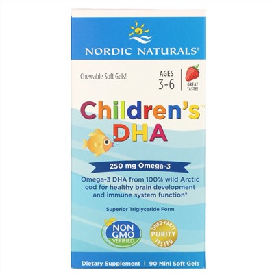 Nordic Naturals, ДГК для детей, клубника, для детей 3–6 лет, 250 мг, 90 желатиновых мини-капсул