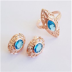 Комплект коллекция "Дубай", покрытие позолота с камнем, цвет голубой серьги, кольцо р-р 18, Е3146, арт.747.956