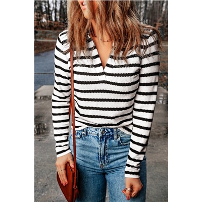 Stripe Collared V Neck Lightweight Knit Casual Sweater