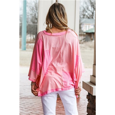 Pink Color Block Patchwork 3/4 Sleeve Loose Top