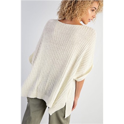 White Rolled Cuffs Loose Knit Tee with Slits