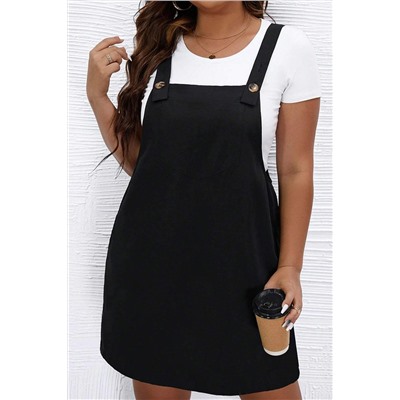 Black Solid Buttoned Straps Plus Size Overall Dress