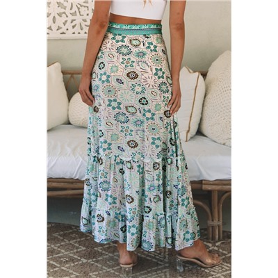 Sky Blue Boho Floral Print Maxi Skirt