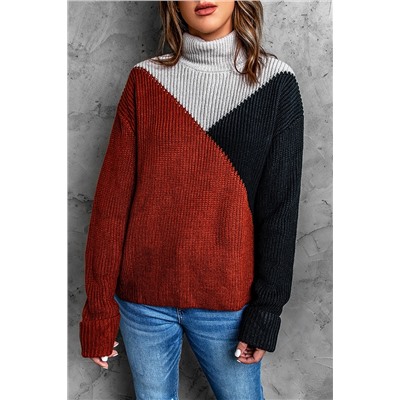 Вязаный свитер с высоким воротом в стиле колорблок: черный, серый, красный