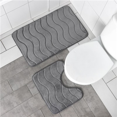 Набор ковриков для ванной и туалета Доляна «Волна», 2 шт, 40×50 см, 50×80 см, цвет серый
