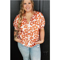 Orange Plus Size Floral Print Drawstring V Neck Short Sleeve Blouse