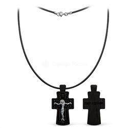 Колье с крестом из дерева граб на текстильном вощёном шнурке с элементами из чернёного и родированного серебра - Распятие, 3,6 см ГК-009