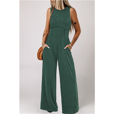 Blackish Green Cinched Waist Sleeveless Wide Leg Jumpsuit