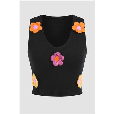 Black 3D Flower Decor Cropped Sweater Vest