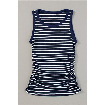 Blue Stripe Contrast Round Neck Sleeveless Slim Top