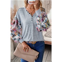 Gray Floral Lantern Sleeve Patchwork Buttoned V Neck Top