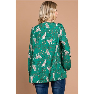 Green Printed Cheetah Print V Neck Flowy Blouse