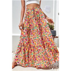 Yellow Boho Floral Print Tiered Long Skirt