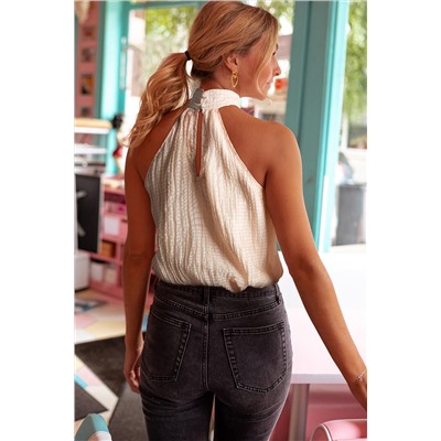 Apricot Halter Button Keyhole Back Textured Sleeveless Top