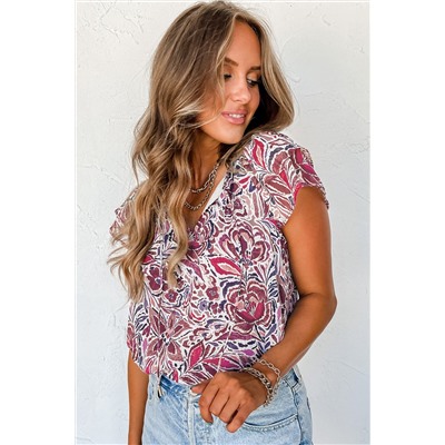 White Floral Ruffled Short Sleeve V Neck Blouse