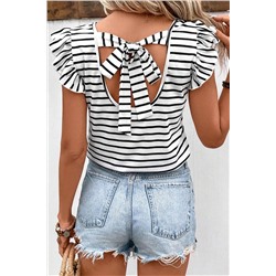 White Stripe Butterfly Sleeve V Neck Hollowed Knot Back T Shirt