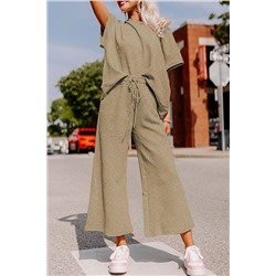 Apricot khaki Textured Loose Fit T Shirt and Drawstring Pants Set