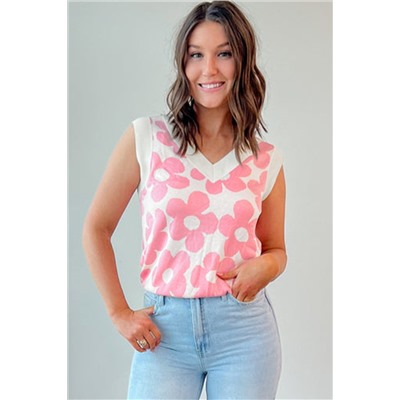 Pink Cute Flower Knitted V Neck Tank Top