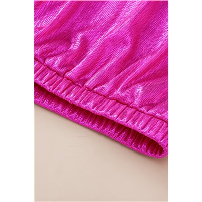 Bright Pink Ruched Sleeves Knotted Backless Blouse