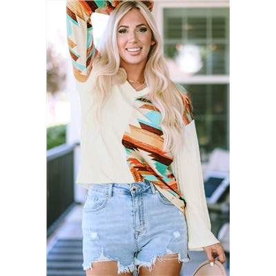 Beige Western Aztec Patch Textured Knit Top