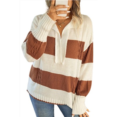 Stripes Collared Neck Corded Sweater