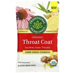 Traditional Medicinals, Organic Throat Coat Drops, Lemon Ginger Echinacea, 16 Pectin Throat Drops