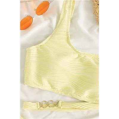 Yellow Cream Wavy Textured Asymmetrical One Shoulder Bikini