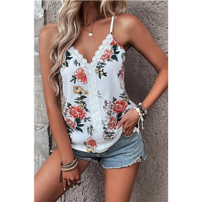 White Floral Print Lace V Neck Tank Top