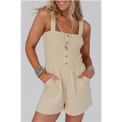 Beige Buttons Smocked Sleeveless Romper