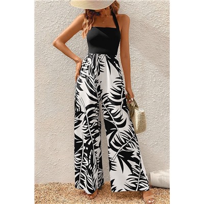 Black Halter Tropical Plant Print Wide Leg Jumpsuit