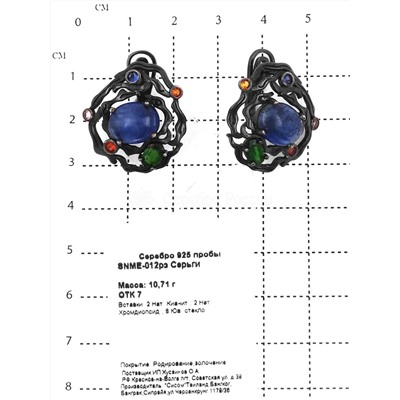 Серьги из серебра с нат.кианитом, нат.хромопсидом и юв.стеклом родированные 925 пробы SNME-012р