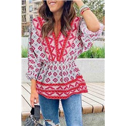 Fiery Red Geometric Print 3/4 Sleeve V-Neck Shirred Waist Flared Blouse