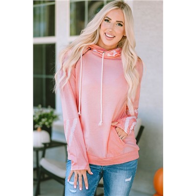 Pink Aztec Print Patchwork Thumb Hole Hoodie