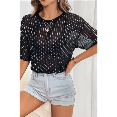 Black Sequin Drop Shoulder Sheer T-shirt