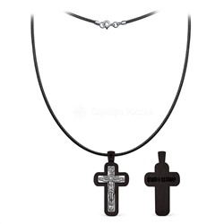Крест из дерева граб на вощёном шнурке с элементом из чернёного серебра и родированием - Распятие 2,8 см