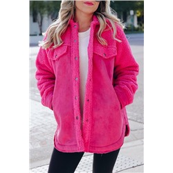 Bright Pink Faux Suede Sherpa Patchwork Button-up Shacket