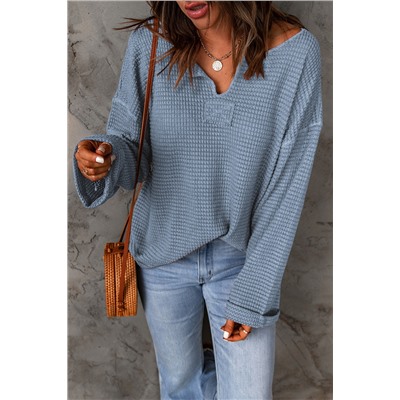 Dusk Blue Waffle Knit Loose Long Sleeve Top