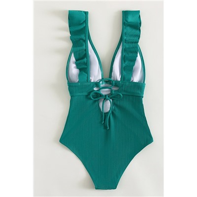 Sea Green Textured Ruffled Deep V Lace up Monokini