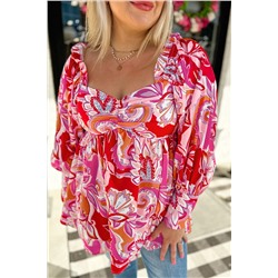 Red Plus Size Floral Sweetheart Neck Babydoll Blouse