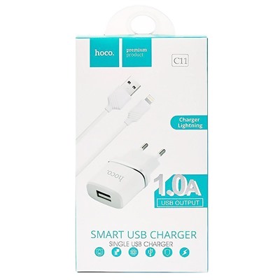 Адаптер Сетевой с кабелем Hoco C11 (повр. уп.) USB 1A/5W (USB/Lightning) (white)