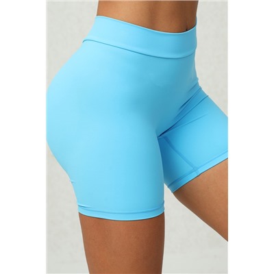 Sky Blue Solid Ruched Butt Lifting High Waist Sports Shorts