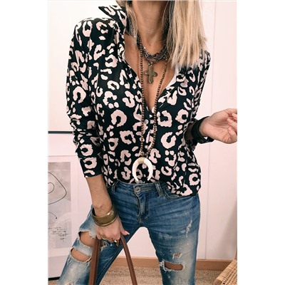 Black Leopard Print Button Up Long Sleeve Shirt