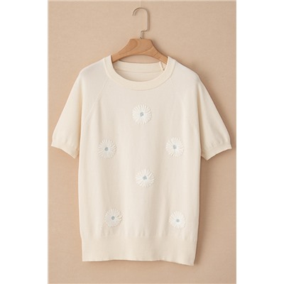 Beige Flower Pattern Short Sleeve Knitted Top