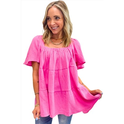 Bright Pink Textured Square Neck Flutter Sleeve Tiered Flowy Blouse