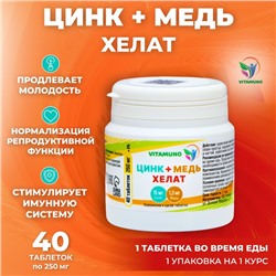 Цинк+ медь хелат 40 таблеток, 250 мг