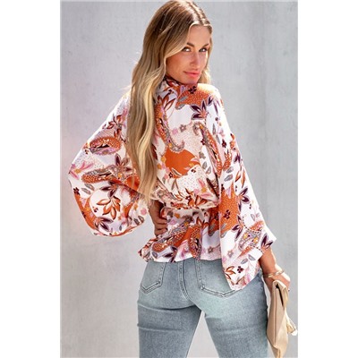 Orange Floral Wrap Kimono Blouse