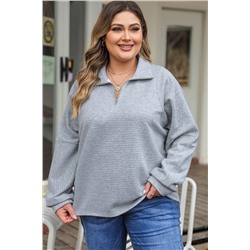 Light Grey Quarter Zipper Collared Ribbed Knit Plus Size Top