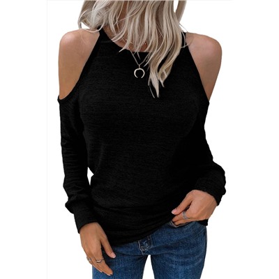 Black Marble Knit Cold Shoulder Long Sleeve Top